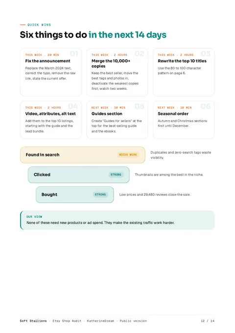 Report page listing six things to do in the next 14 days