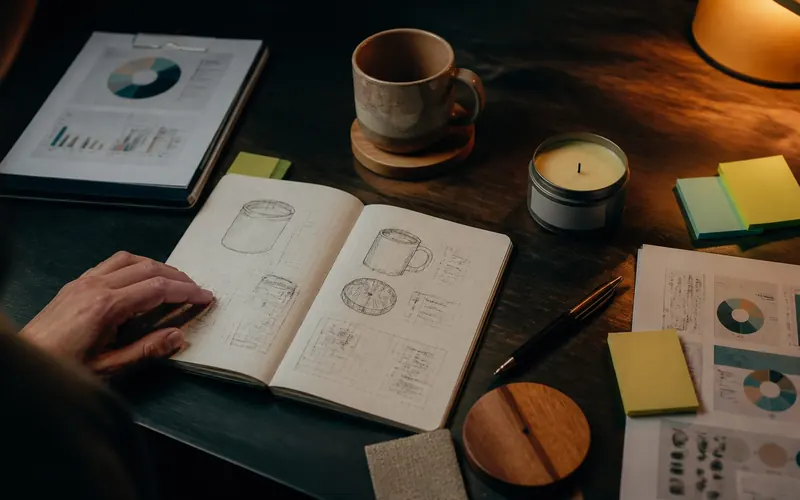 Planning desk with a product plan notebook, research charts and handmade product samples