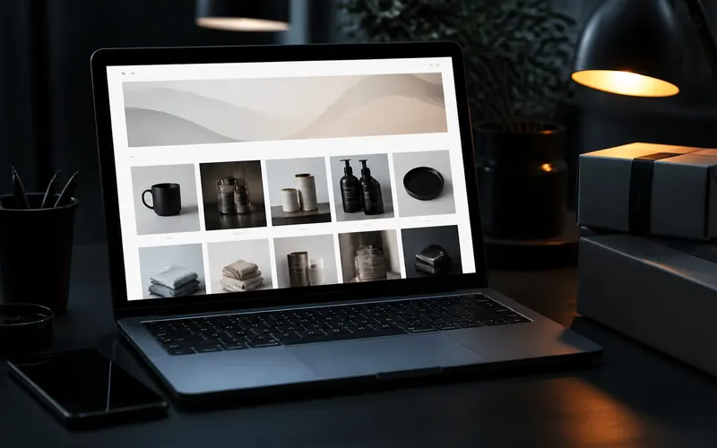 Laptop showing a new online shop storefront with a grid of product photos