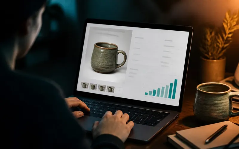 Seller improving a ceramic mug listing on a laptop, with a rising chart beside the photo