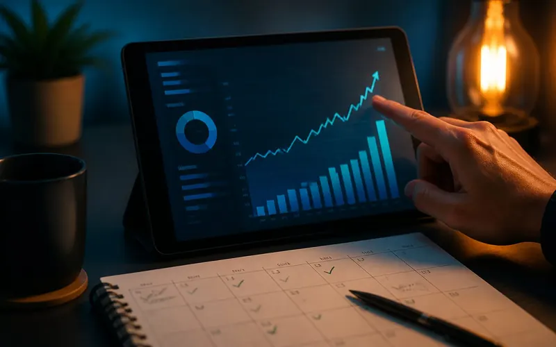 Tablet showing a monthly sales growth chart next to a planner with a checklist