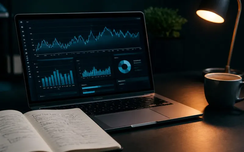 Product samples, notebook and laptop with market research for Etsy products