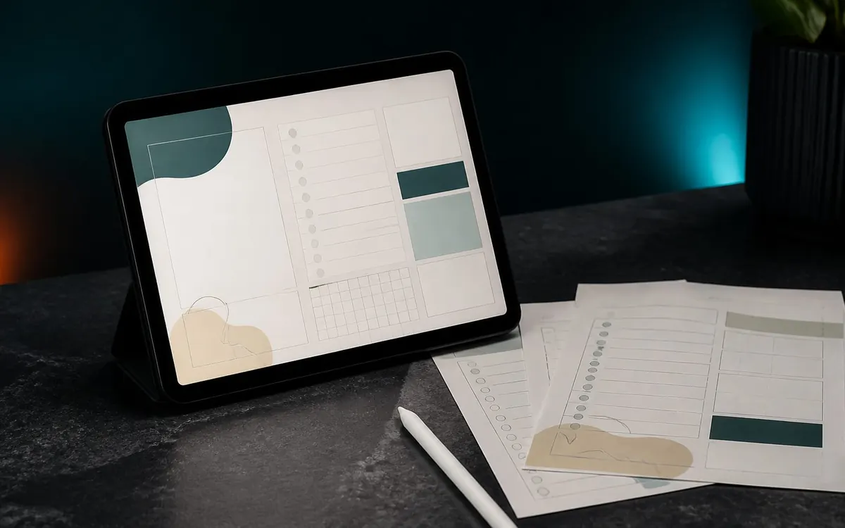 Digital planner on a tablet with printed planner pages