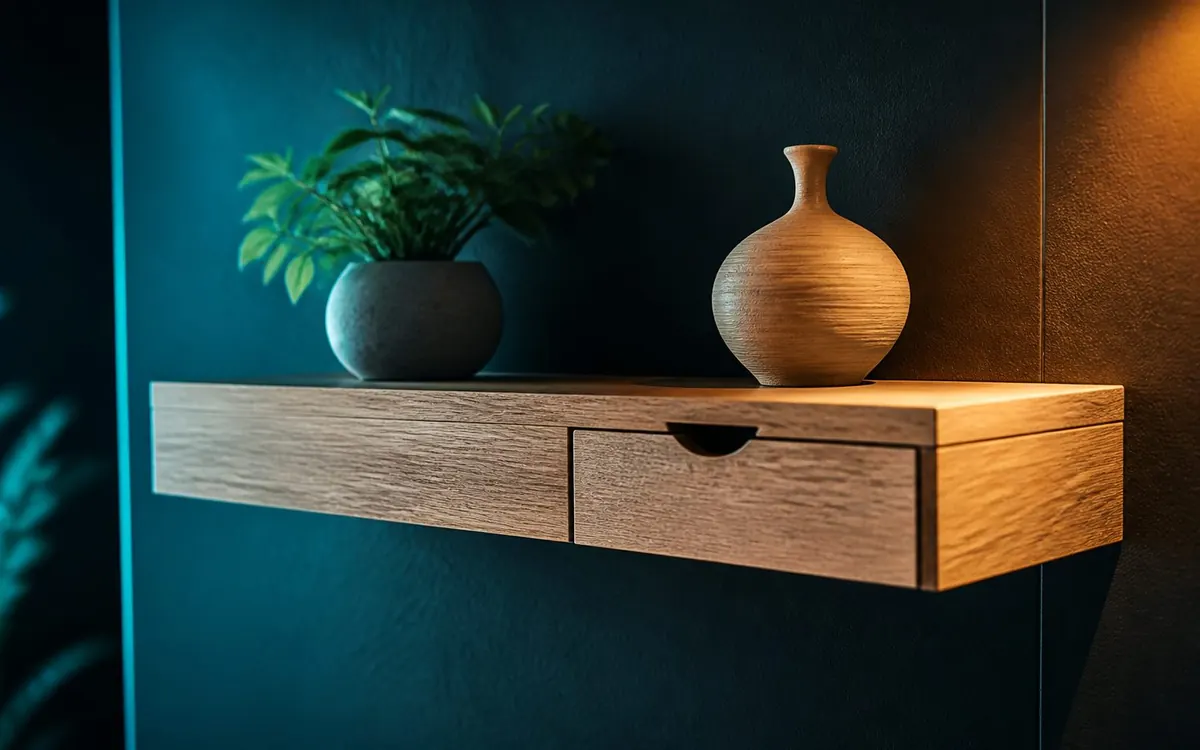 Natural wood wall-mounted shelf with a drawer