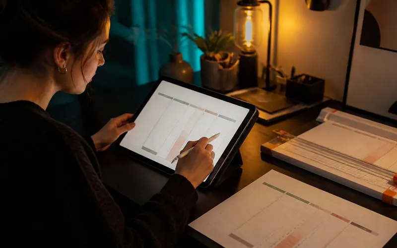 Designer creating a printable planner on a tablet