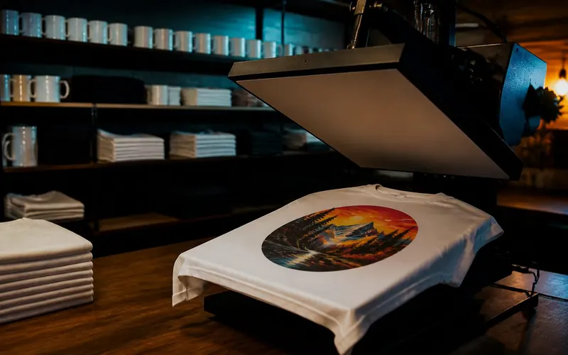 Heat press revealing a freshly printed T-shirt