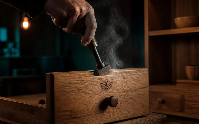 Artisan branding a natural wood drawer with a logo