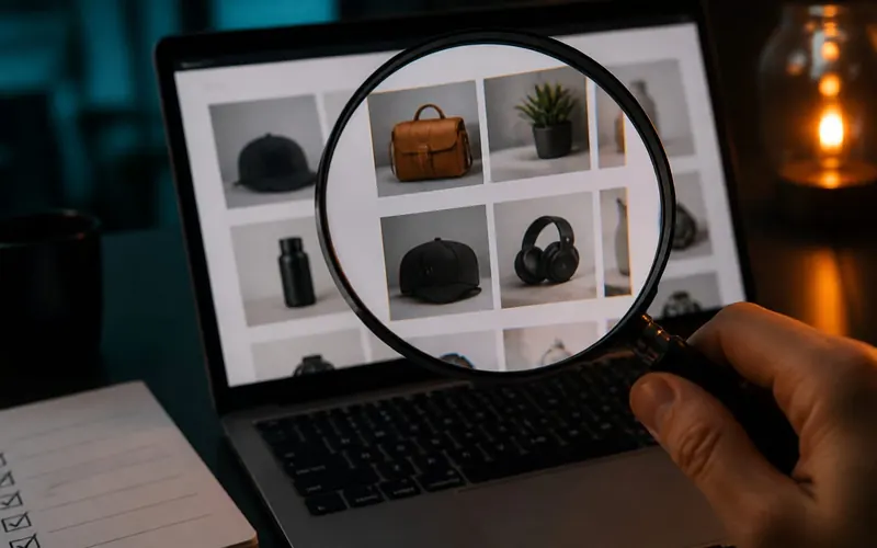 Magnifying glass over an online shop on a laptop during an Etsy shop audit