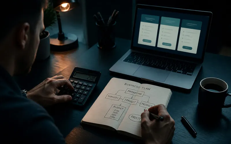 Seller planning an Etsy budget with a laptop, calculator and notes