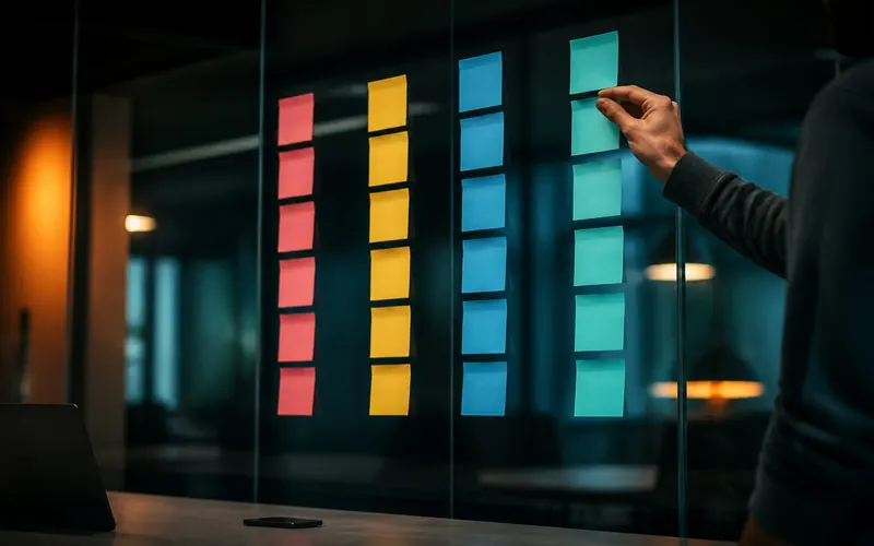 Etsy launch roadmap planned with sticky notes on a glass wall