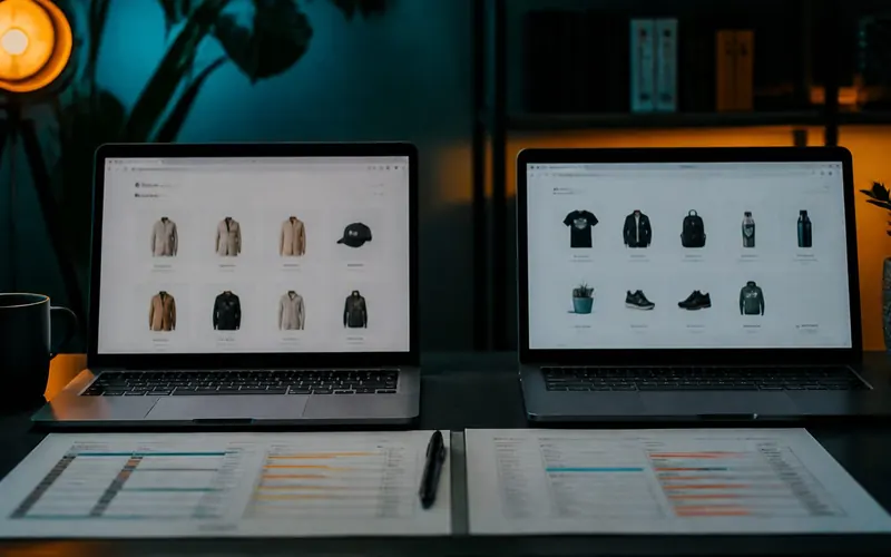 Two laptops comparing competing online shops side by side