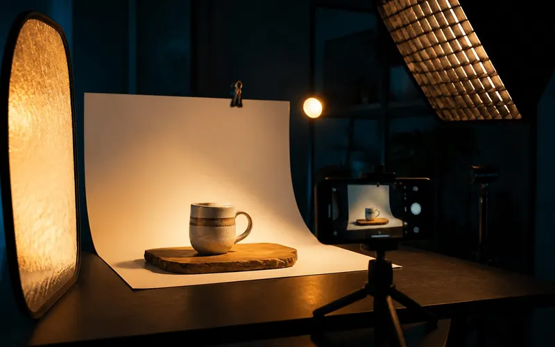 Smartphone on a tripod photographing a mug for an Etsy listing