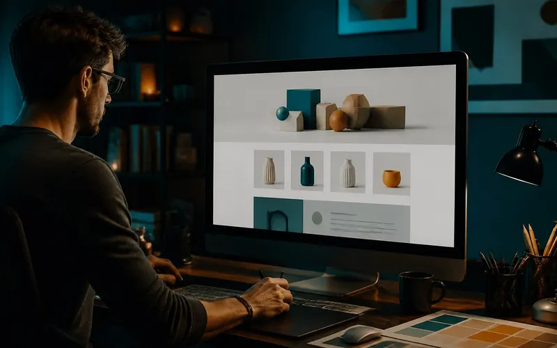 Designer improving an online shop homepage on a large monitor