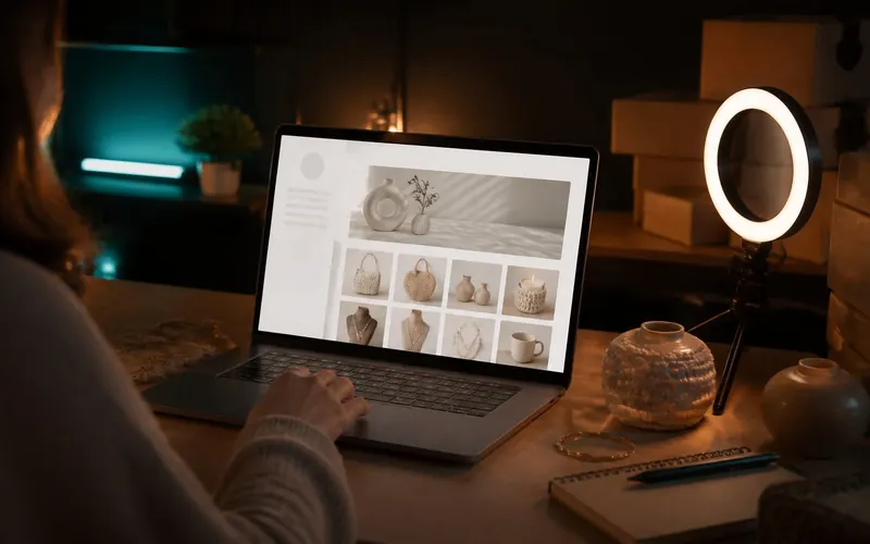 New seller setting up an Etsy shop on a laptop
