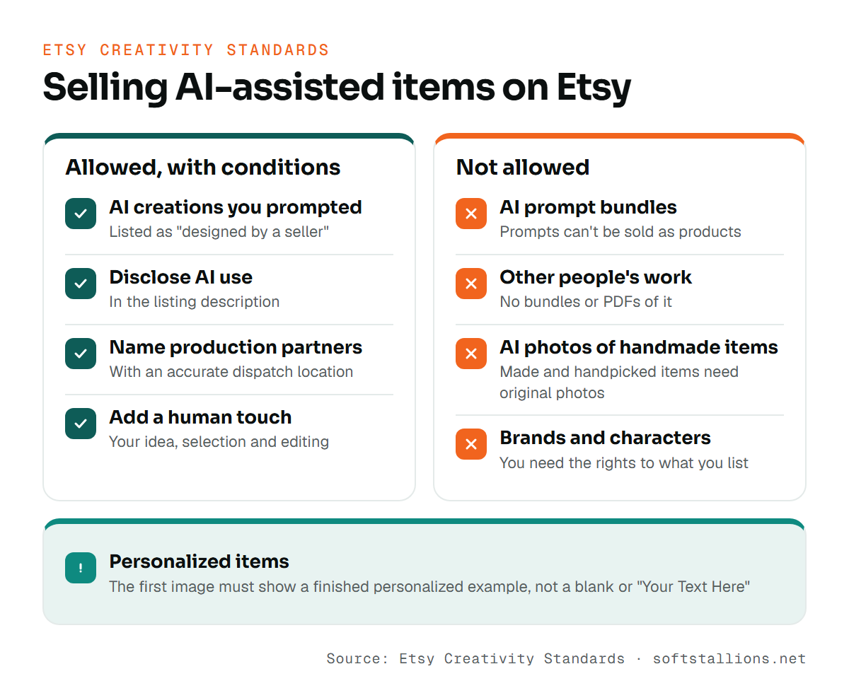 Checklist of Etsy's rules for selling AI-assisted items