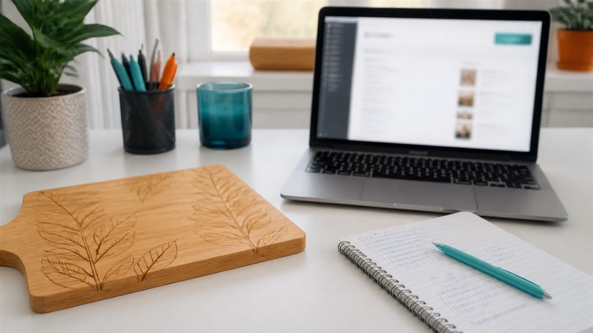 Seller editing an AI-drafted Etsy listing next to a personalized bamboo cutting board