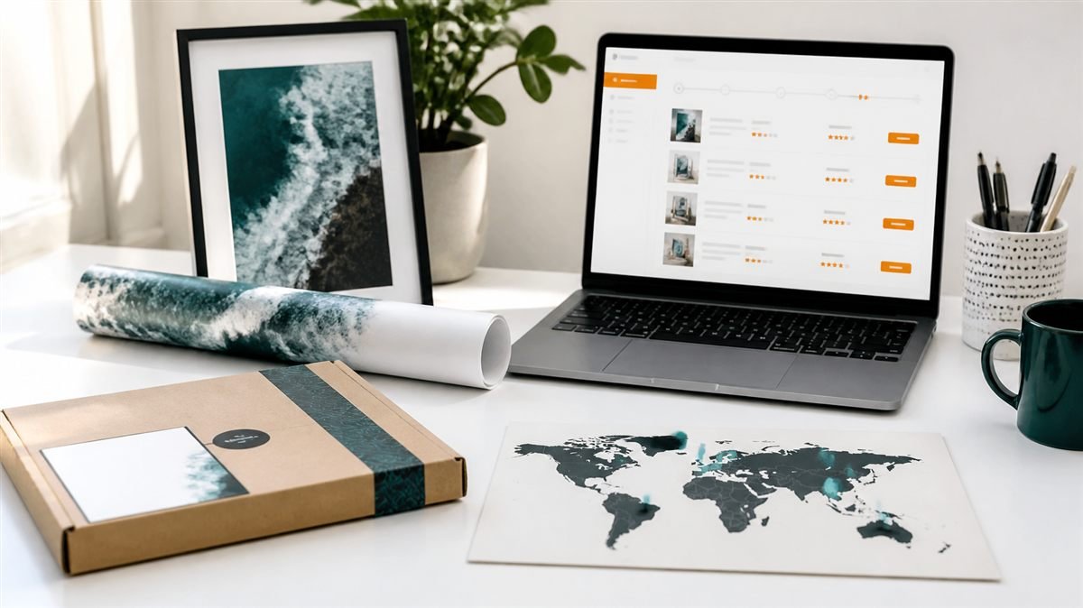 Art print, poster and a map with pins showing buyers in several countries