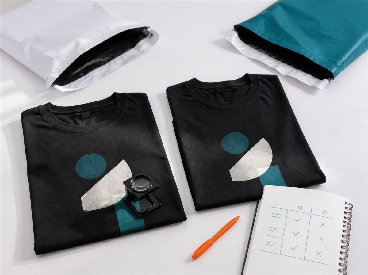 Two sample t-shirts from different print providers compared side by side