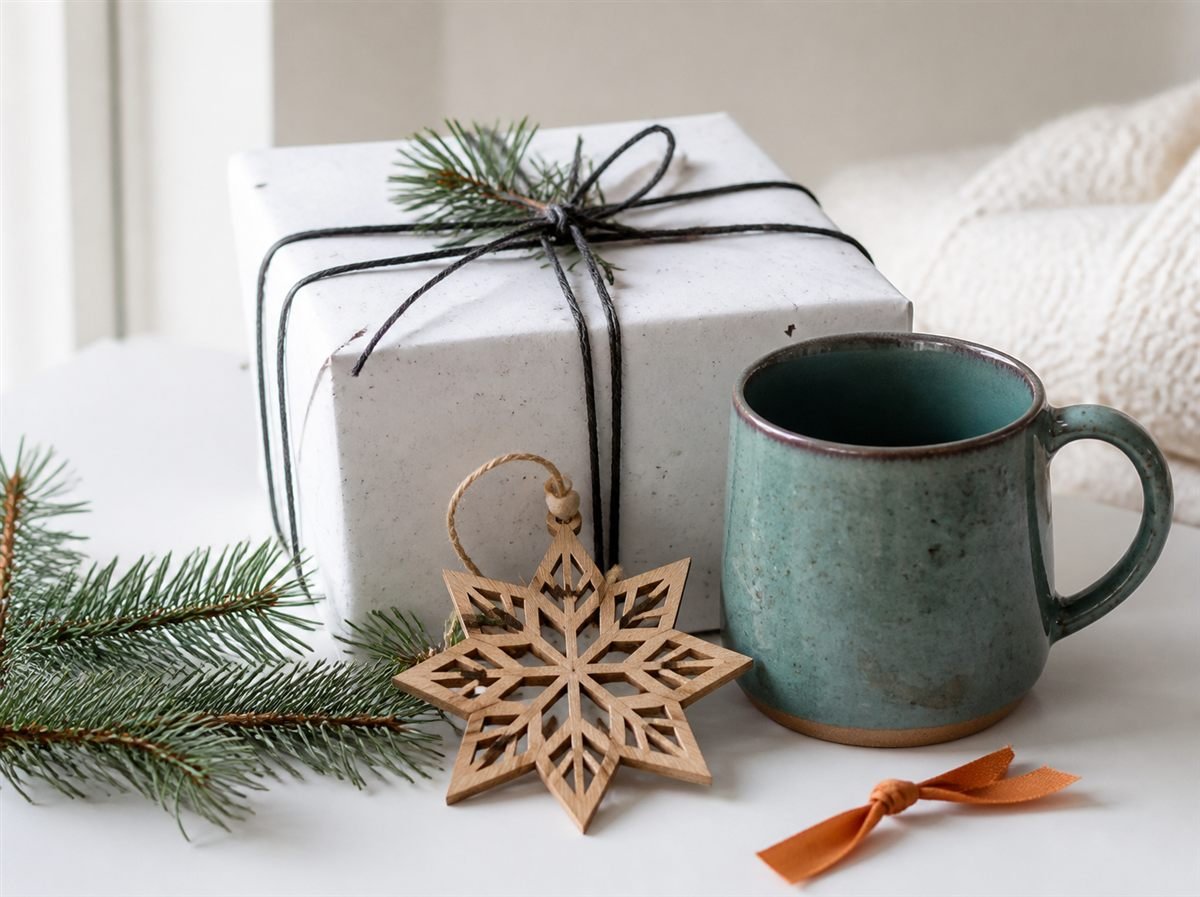 Gift-ready product scene with a wooden ornament, teal mug and a wrapped box