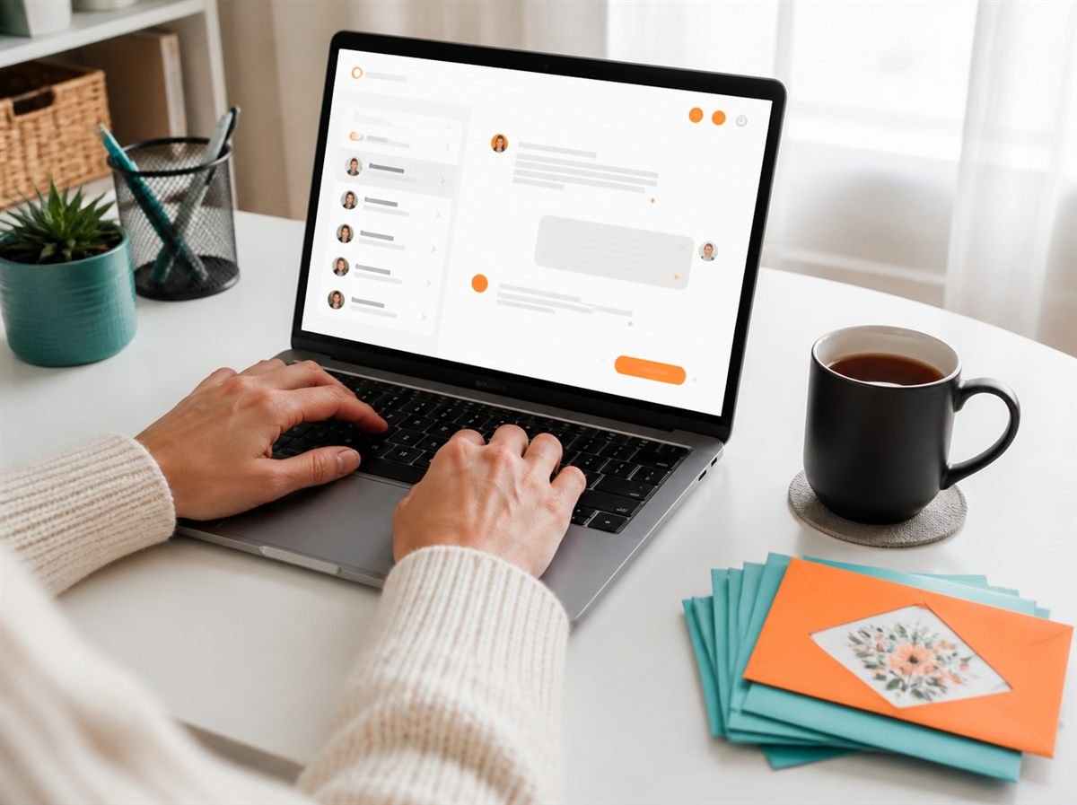 Seller replying to buyer messages on a laptop beside thank-you cards in teal envelopes