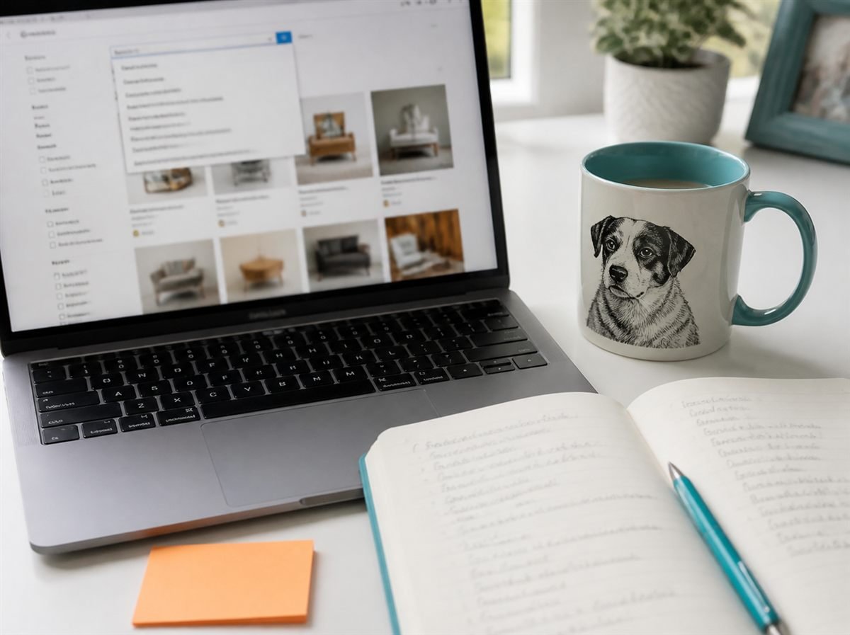Seller researching Etsy search suggestions on a laptop beside a product mug