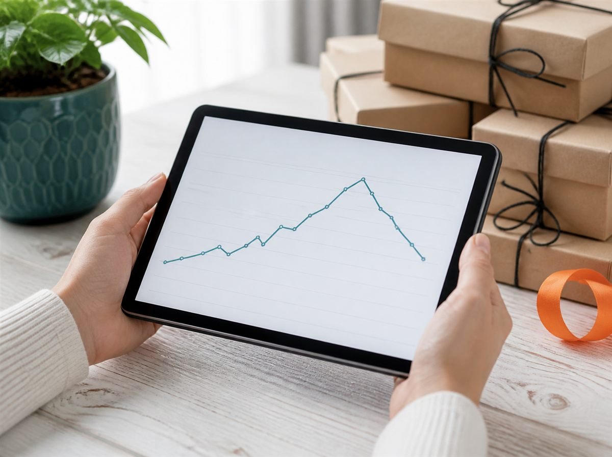 Tablet showing a seasonal interest chart next to packed gift boxes