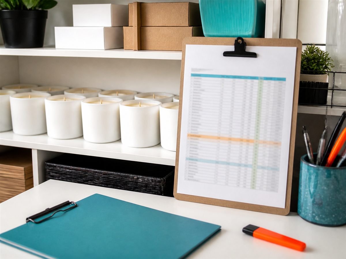 Keyword map spreadsheet on a clipboard next to finished candle products