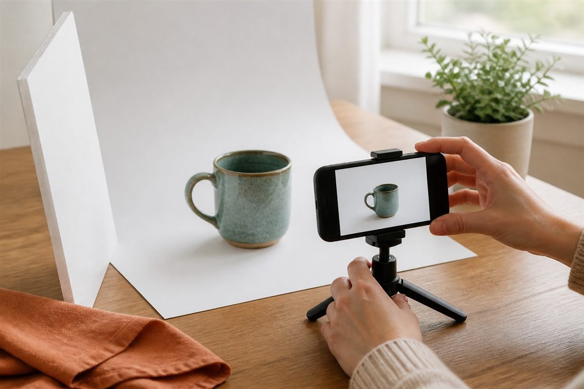 A smartphone on a tripod photographing a teal ceramic mug on white paper beside a window, a simple home product photography setup for Etsy listings