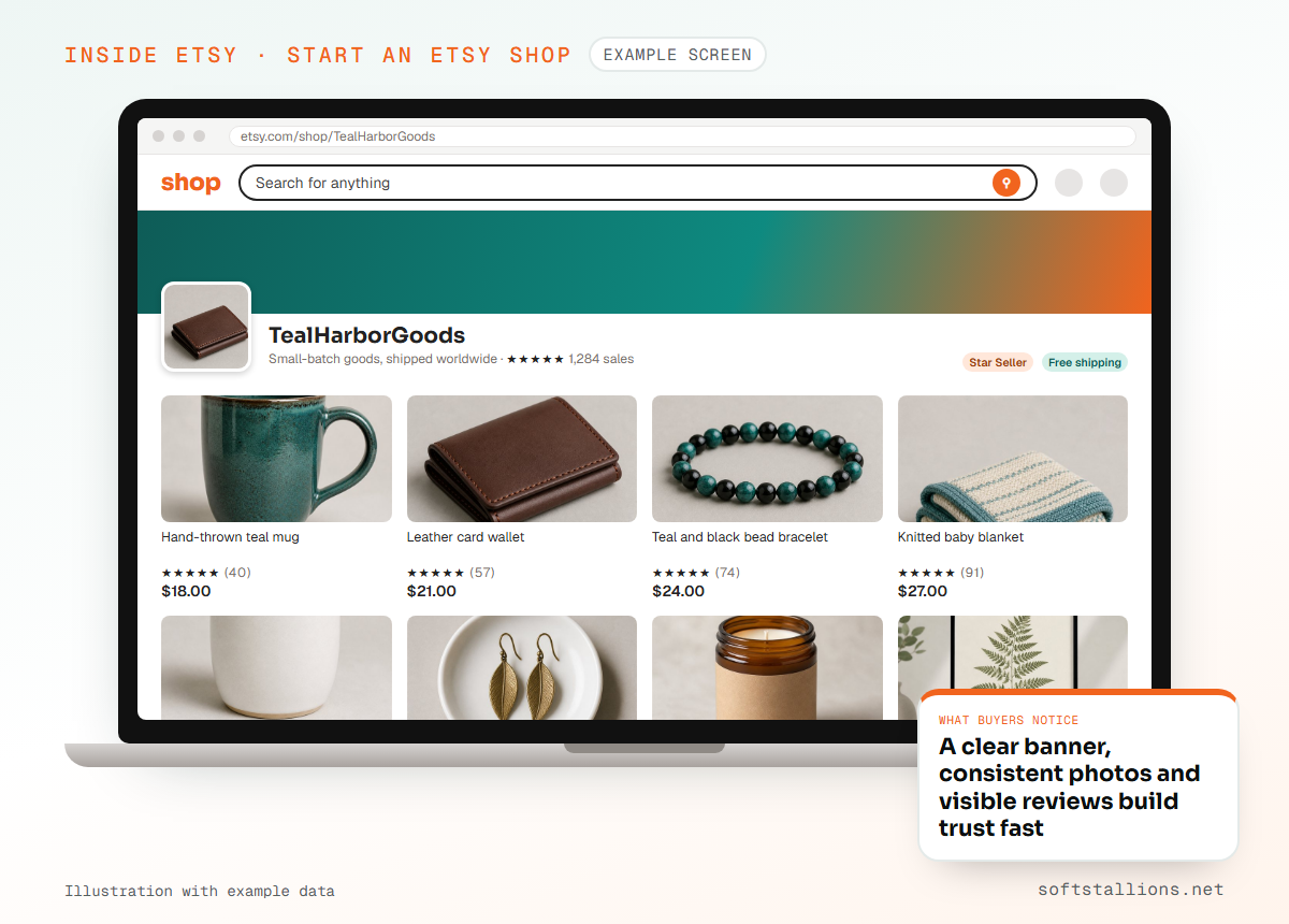 Example Etsy-style shop page, with illustrative data