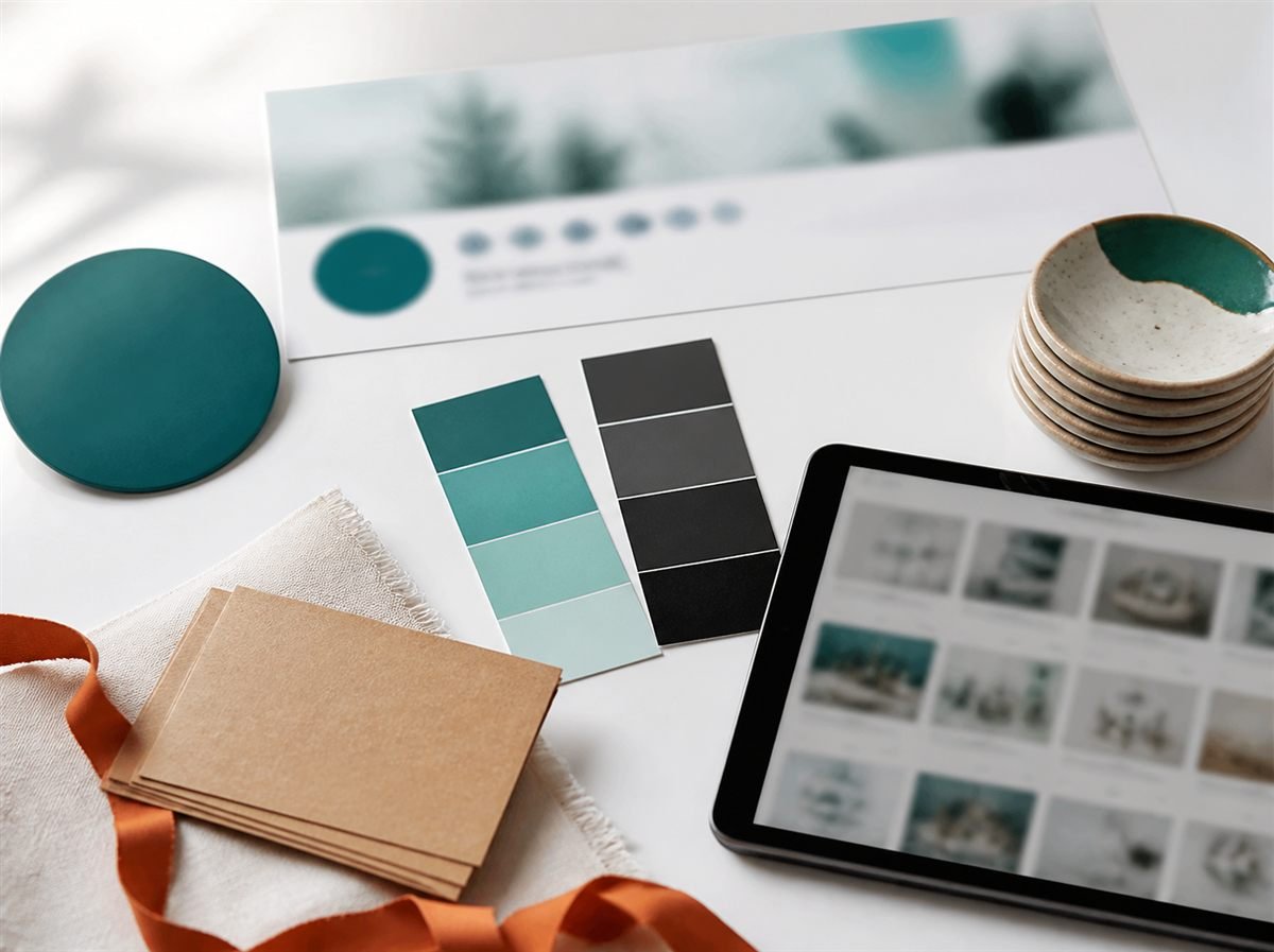 Flat lay of shop banner, icon, color swatches and products for a consistent Etsy storefront