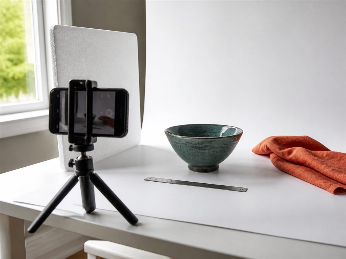 Seller photographing a teal mug on a white backdrop with a phone tripod for an Etsy listing