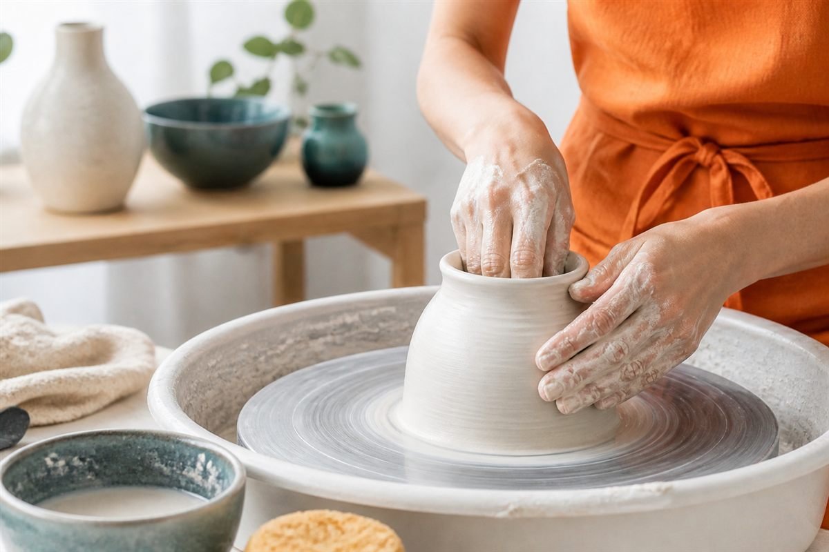 A maker in an orange apron shaping a clay vase on a pottery wheel, with teal ceramic pieces in the background