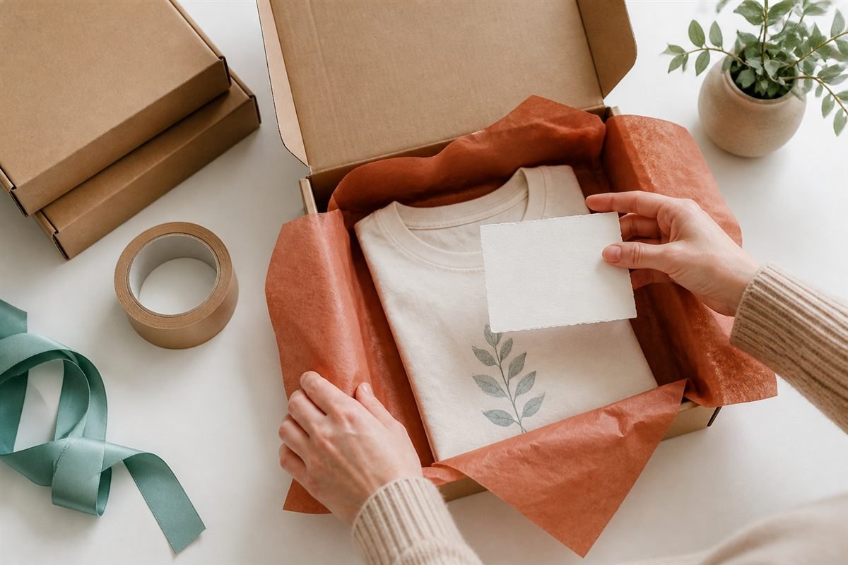 Hands packing an Etsy order: a printed t-shirt in orange tissue paper inside a kraft mailer box with a blank thank-you card