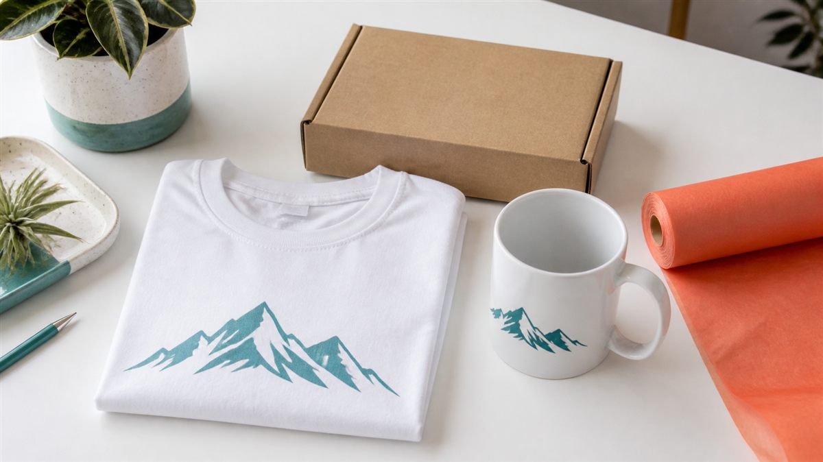 A white t-shirt and mug printed with the same teal mountain design next to a kraft shipping box, an example of print on demand products