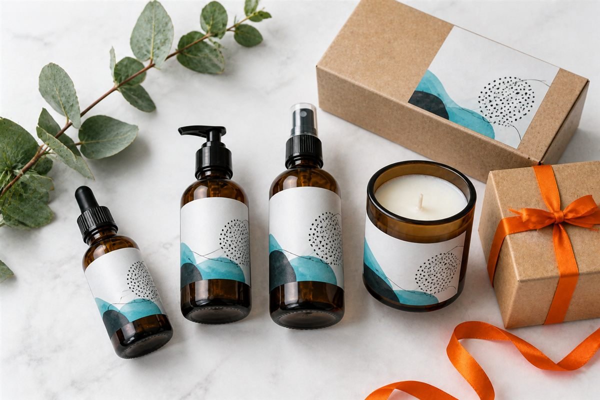 Amber skincare bottles and a candle with matching teal brand labels next to kraft gift boxes, an example of a private label product line