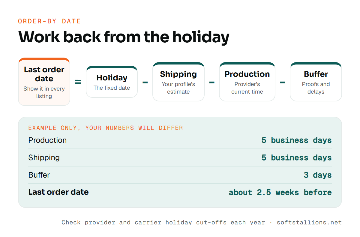 Formula card for calculating a last order date from holiday date, shipping, production and buffer