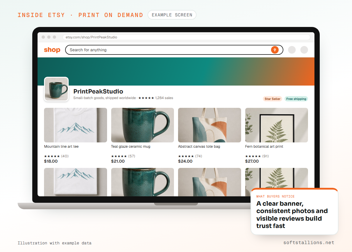 Example Etsy-style shop page, with illustrative data