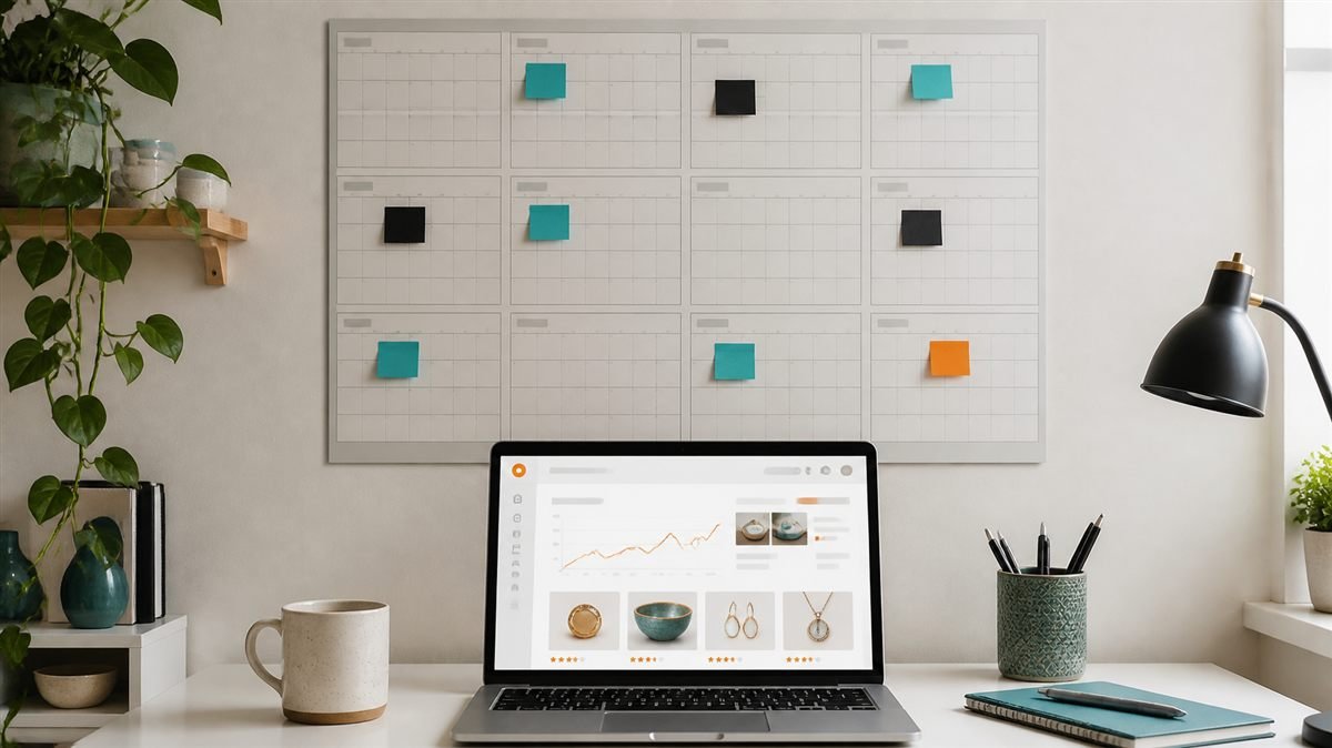 Seller's yearly planning wall with sticky notes marking seasonal launches