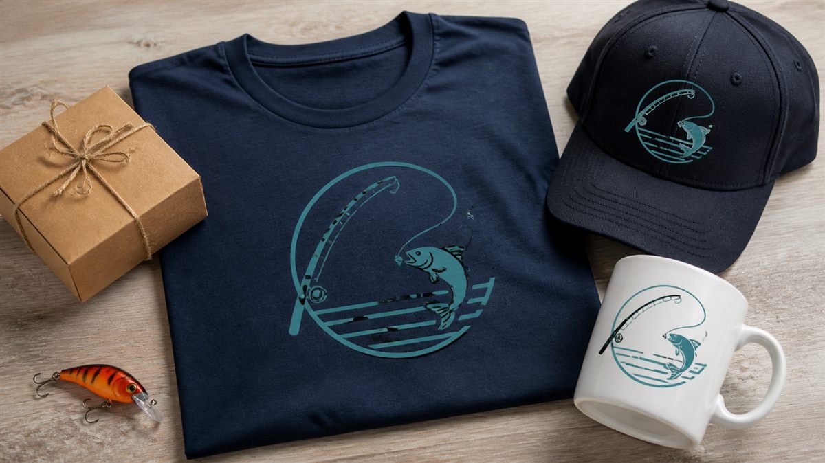 Father's Day product family of shirt, cap and mug with a matching fishing design