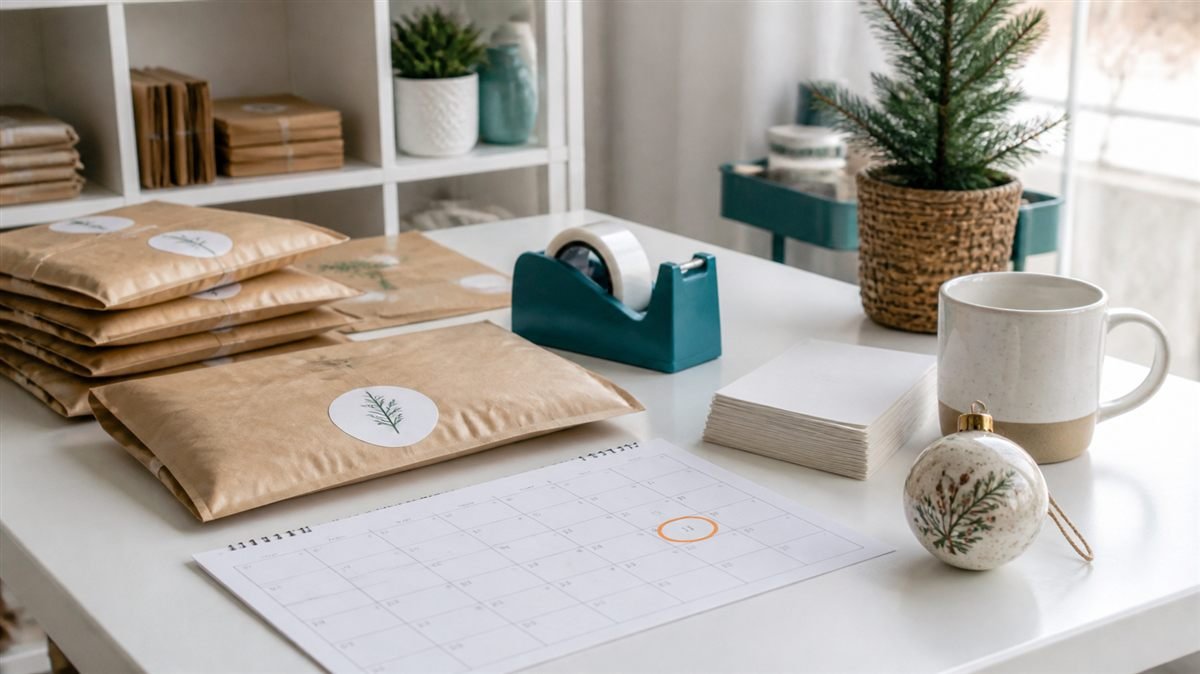 Holiday orders in mailers beside a calendar with an order-by date circled